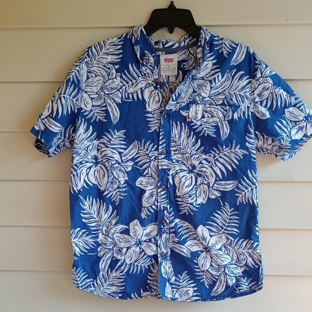 Levi's Blue and White‎ Casual Button Down Shirt with Tropical Print